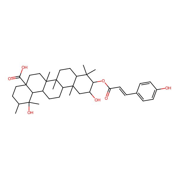2D Structure of (1R,2R,4aS,6aR,6aR,6bR,8aR,10R,11R,12aR,14aR,14bS)-1,11-dihydroxy-10-[(Z)-3-(4-hydroxyphenyl)prop-2-enoyl]oxy-1,2,6a,6b,9,9,12a-heptamethyl-2,3,4,5,6,6a,7,8,8a,10,11,12,13,14,14a,14b-hexadecahydropicene-4a-carboxylic acid