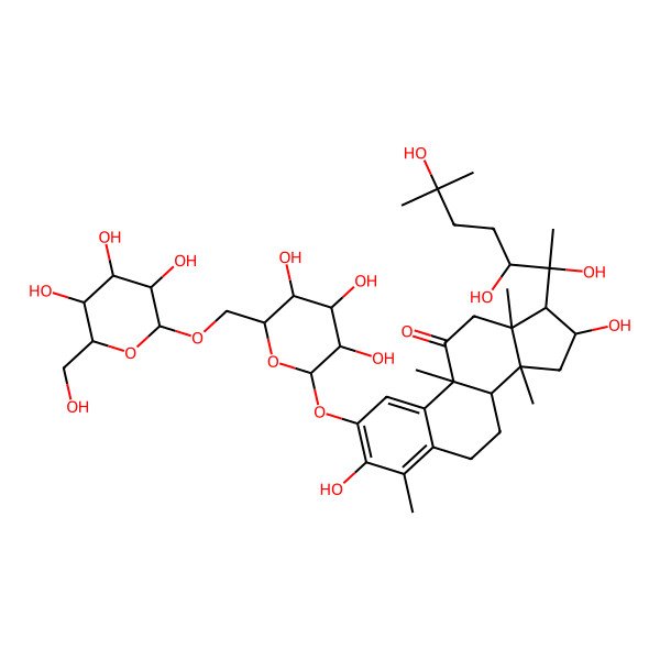 2D Structure of 3,16-dihydroxy-4,9,13,14-tetramethyl-17-(2,3,6-trihydroxy-6-methylheptan-2-yl)-2-[3,4,5-trihydroxy-6-[[3,4,5-trihydroxy-6-(hydroxymethyl)oxan-2-yl]oxymethyl]oxan-2-yl]oxy-7,8,12,15,16,17-hexahydro-6H-cyclopenta[a]phenanthren-11-one