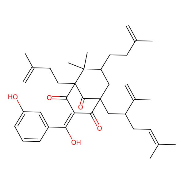 2D Structure of (1S,5R,7R)-3-[hydroxy-(3-hydroxyphenyl)methylidene]-6,6-dimethyl-5,7-bis(3-methylbut-3-enyl)-1-[(2S)-5-methyl-2-prop-1-en-2-ylhex-4-enyl]bicyclo[3.3.1]nonane-2,4,9-trione