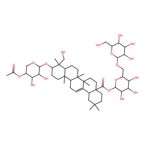 2D Structure of [(2S,3R,4S,5S,6R)-3,4,5-trihydroxy-6-[[(2R,3R,4S,5S,6R)-3,4,5-trihydroxy-6-(hydroxymethyl)oxan-2-yl]oxymethyl]oxan-2-yl] (4aS,6aR,6aS,6bR,8aS,9R,10S,12aR,14bS)-10-[(2S,3R,4R,5S)-5-acetyloxy-3,4-dihydroxyoxan-2-yl]oxy-9-(hydroxymethyl)-2,2,6a,6b,9,12a-hexamethyl-1,3,4,5,6,6a,7,8,8a,10,11,12,13,14b-tetradecahydropicene-4a-carboxylate