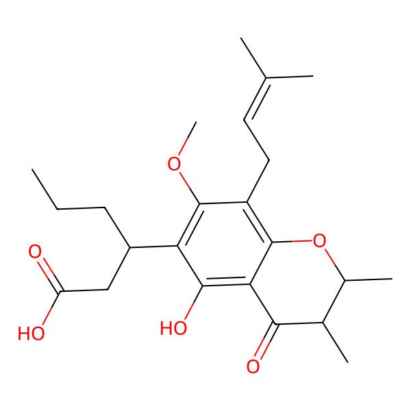 2D Structure of 3-[5-Hydroxy-7-methoxy-2,3-dimethyl-8-(3-methylbut-2-enyl)-4-oxo-2,3-dihydrochromen-6-yl]hexanoic acid