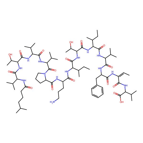 2D Structure of deamino-hLeu-DL-Val-DL-xiThr-DL-Val-DL-Val-DL-Pro-DL-Orn-DL-xiIle-DL-xiThr-DL-xiIle-DL-Val-DL-Phe-Abu(2,3-dehydro)-DL-Val-OH