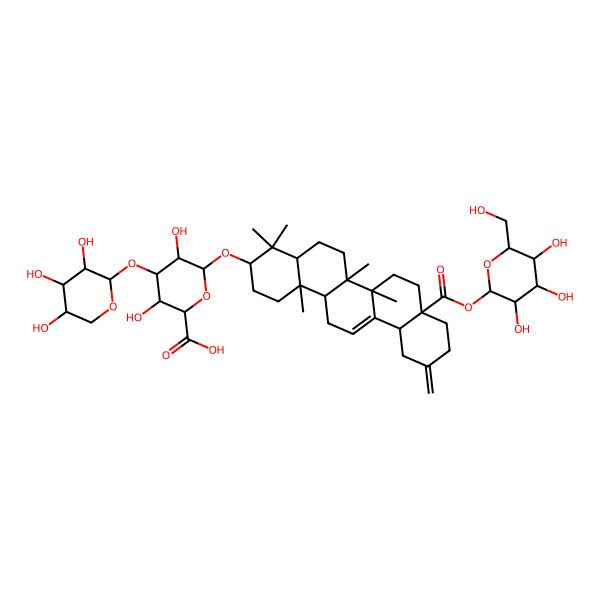 2D Structure of (2R,3R,4R,5S,6S)-6-[[(3S,6aR,6bS,8aS,14bR)-4,4,6a,6b,14b-pentamethyl-11-methylidene-8a-[(2R,3S,4R,5R,6S)-3,4,5-trihydroxy-6-(hydroxymethyl)oxan-2-yl]oxycarbonyl-1,2,3,4a,5,6,7,8,9,10,12,12a,14,14a-tetradecahydropicen-3-yl]oxy]-3,5-dihydroxy-4-[(3S,4R,5S)-3,4,5-trihydroxyoxan-2-yl]oxyoxane-2-carboxylic acid