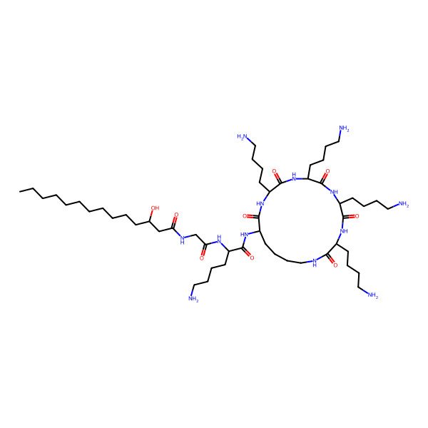 2D Structure of N-[2-[[6-amino-1-oxo-1-[[3,6,9,12-tetrakis(4-aminobutyl)-2,5,8,11,14-pentaoxo-1,4,7,10,13-pentazacyclononadec-15-yl]amino]hexan-2-yl]amino]-2-oxoethyl]-3-hydroxytetradecanamide