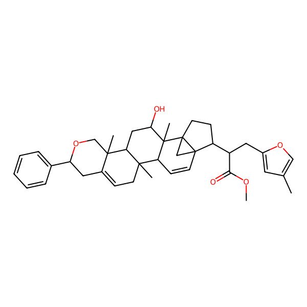 2D Structure of methyl 2-[(1S,2R,3R,5R,6R,9S,14S,15R,18S)-3-hydroxy-2,6,14-trimethyl-9-phenyl-8-oxahexacyclo[16.3.1.01,18.02,15.05,14.06,11]docosa-11,16-dien-19-yl]-3-(4-methylfuran-2-yl)propanoate