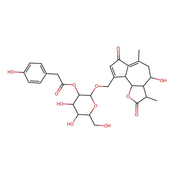 2D Structure of [(2R,3R,4S,5S,6R)-2-[[(3S,3aR,4S,9aS,9bR)-4-hydroxy-3,6-dimethyl-2,7-dioxo-3,3a,4,5,9a,9b-hexahydroazuleno[8,7-b]furan-9-yl]methoxy]-4,5-dihydroxy-6-(hydroxymethyl)oxan-3-yl] 2-(4-hydroxyphenyl)acetate