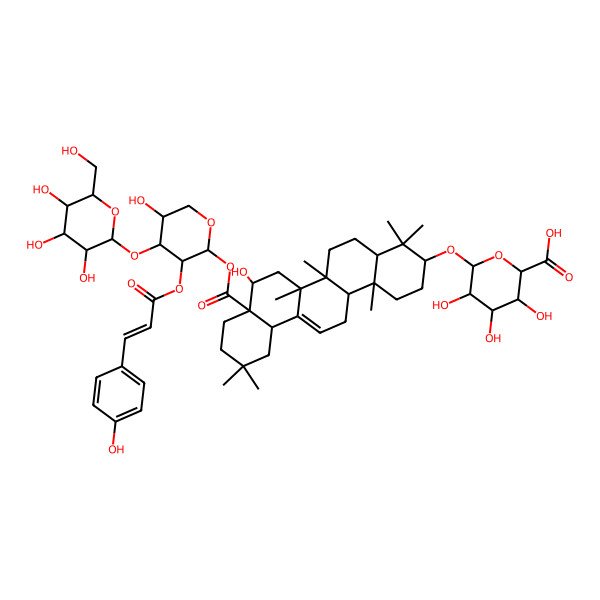2D Structure of (2S,3S,4S,5R,6S)-6-[[(3S,4aR,6aR,6bS,8R,8aR,12aS,14aR,14bR)-8-hydroxy-8a-[(2R,3R,4S,5R)-5-hydroxy-3-[(E)-3-(4-hydroxyphenyl)prop-2-enoyl]oxy-4-[(2R,3R,4S,5S,6R)-3,4,5-trihydroxy-6-(hydroxymethyl)oxan-2-yl]oxyoxan-2-yl]oxycarbonyl-4,4,6a,6b,11,11,14b-heptamethyl-1,2,3,4a,5,6,7,8,9,10,12,12a,14,14a-tetradecahydropicen-3-yl]oxy]-3,4,5-trihydroxyoxane-2-carboxylic acid