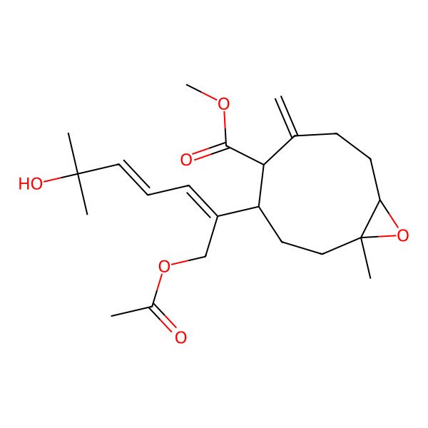 2D Structure of methyl (1S,4S,5R,9S)-4-[(2E,4E)-1-acetyloxy-6-hydroxy-6-methylhepta-2,4-dien-2-yl]-1-methyl-6-methylidene-10-oxabicyclo[7.1.0]decane-5-carboxylate