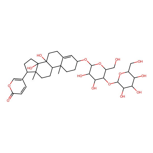 2D Structure of 5-[(3S,8S,9R,10R,13R,14R,17R)-3-[(2R,3R,4R,5S,6R)-3,4-dihydroxy-6-(hydroxymethyl)-5-[(2S,3R,4S,5S,6R)-3,4,5-trihydroxy-6-(hydroxymethyl)oxan-2-yl]oxyoxan-2-yl]oxy-8,14-dihydroxy-10,13-dimethyl-2,3,6,7,9,11,12,15,16,17-decahydro-1H-cyclopenta[a]phenanthren-17-yl]pyran-2-one