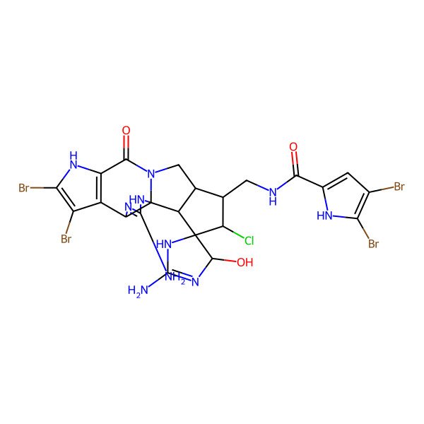 2D Structure of 4,5-dibromo-N-[(2,3'-diamino-7',8'-dibromo-16'-chloro-4-hydroxy-11'-oxospiro[1,4-dihydroimidazole-5,17'-2,4,9,12-tetrazapentacyclo[10.6.0.01,5.06,10.014,18]octadeca-3,6(10),7-triene]-15'-yl)methyl]-1H-pyrrole-2-carboxamide