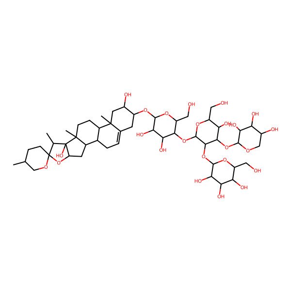 2D Structure of (2S,3R,4S,5S,6R)-2-[(2S,3R,4S,5R,6R)-2-[(2R,3R,4R,5R,6R)-6-[(1R,2S,4S,5'R,6R,7S,8S,9S,12S,13R,15R,16R)-8,15-dihydroxy-5',7,9,13-tetramethylspiro[5-oxapentacyclo[10.8.0.02,9.04,8.013,18]icos-18-ene-6,2'-oxane]-16-yl]oxy-4,5-dihydroxy-2-(hydroxymethyl)oxan-3-yl]oxy-5-hydroxy-6-(hydroxymethyl)-4-[(2S,3R,4S,5R)-3,4,5-trihydroxyoxan-2-yl]oxyoxan-3-yl]oxy-6-(hydroxymethyl)oxane-3,4,5-triol