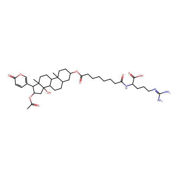 2D Structure of 2-[[8-[[16-Acetyloxy-14-hydroxy-10,13-dimethyl-17-(6-oxopyran-3-yl)-1,2,3,4,5,6,7,8,9,11,12,15,16,17-tetradecahydrocyclopenta[a]phenanthren-3-yl]oxy]-8-oxooctanoyl]amino]-5-(diaminomethylideneamino)pentanoic acid