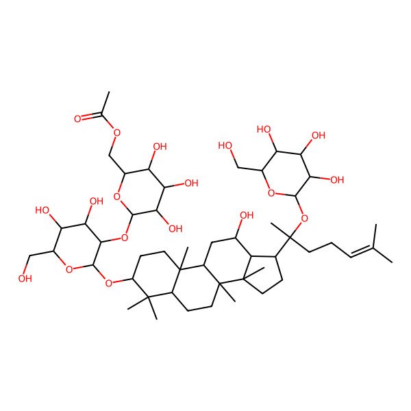 2D Structure of beta-D-Glucopyranoside, (3beta,12beta)-20-(beta-D-glucopyranosyloxy)-12-hydroxydammar-24-en-3-yl 2-O-(6-O-acetyl-beta-D-glucopyranosyl)- 2D Structure of beta-D-Glucopyranoside, (3beta,12beta)-20-(beta-D-glucopyranosyloxy)-12-hydroxydammar-24-en-3-yl 2-O-(6-O-acetyl-beta-D-glucopyranosyl)-
