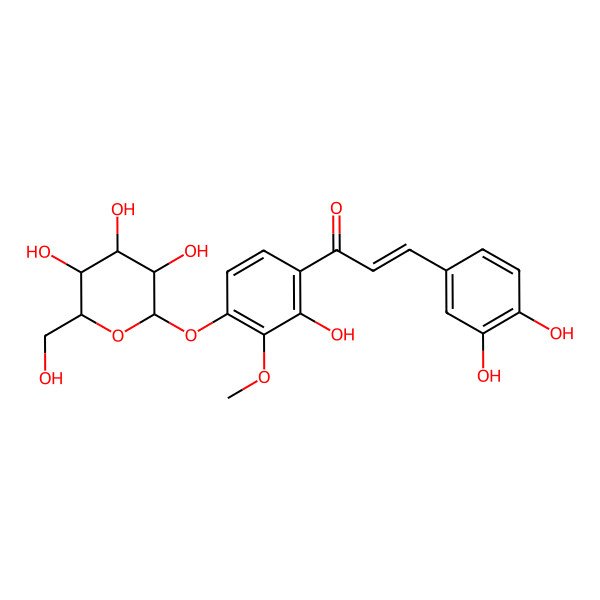 2D Structure of (E)-3-(3,4-dihydroxyphenyl)-1-[2-hydroxy-3-methoxy-4-[(2S,3R,4S,5S,6R)-3,4,5-trihydroxy-6-(hydroxymethyl)oxan-2-yl]oxyphenyl]prop-2-en-1-one