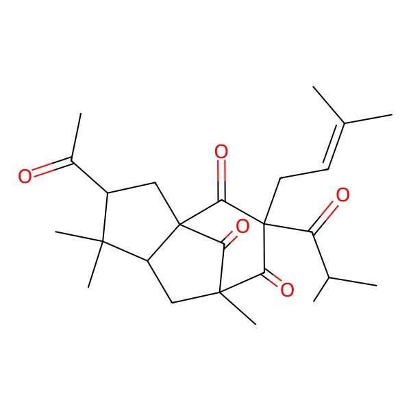 2D Structure of 3-Acetyl-4,4,7-trimethyl-9-(3-methylbut-2-enyl)-9-(2-methylpropanoyl)tricyclo[5.3.1.01,5]undecane-8,10,11-trione