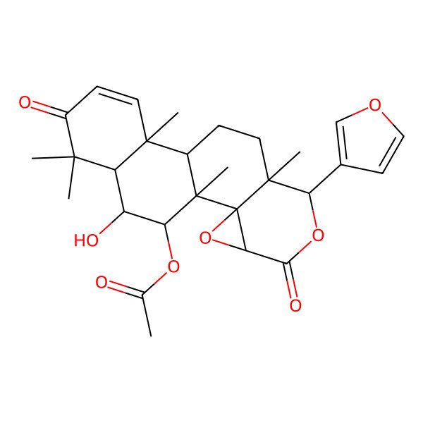 2D Structure of [(1S,2R,4S,7S,8S,11R,12R,17R,18R,19S)-7-(furan-3-yl)-18-hydroxy-1,8,12,16,16-pentamethyl-5,15-dioxo-3,6-dioxapentacyclo[9.8.0.02,4.02,8.012,17]nonadec-13-en-19-yl] acetate