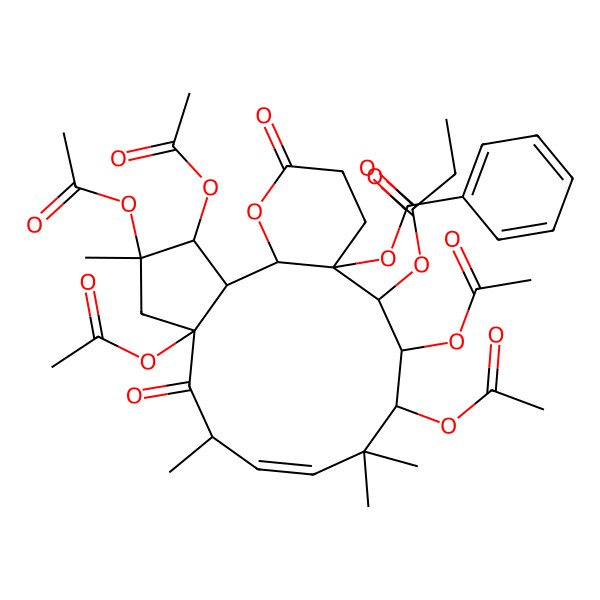 2D Structure of [(1R,2R,3R,4R,6R,8S,9E,12S,13S,14R,15S)-3,4,6,12,13-pentaacetyloxy-4,8,11,11-tetramethyl-7,18-dioxo-14-propanoyloxy-19-oxatricyclo[13.4.0.02,6]nonadec-9-en-15-yl] benzoate
