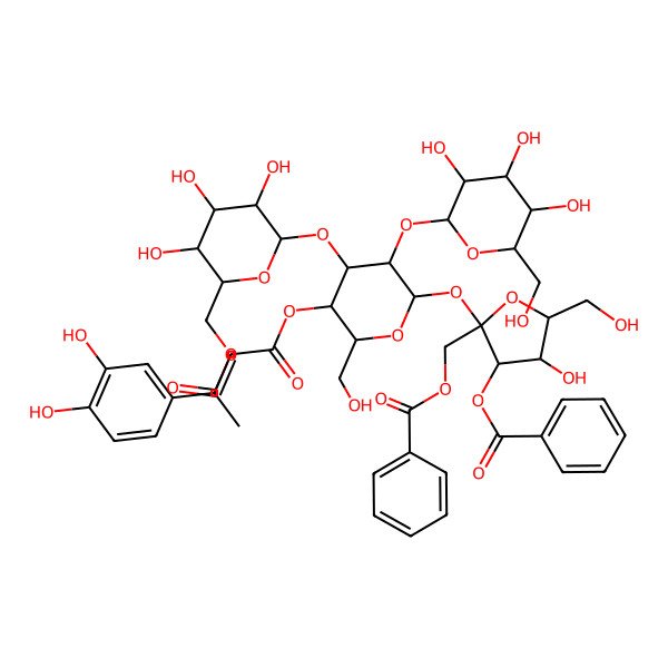 2D Structure of [2-[4-[6-(Acetyloxymethyl)-3,4,5-trihydroxyoxan-2-yl]oxy-5-[3-(3,4-dihydroxyphenyl)prop-2-enoyloxy]-6-(hydroxymethyl)-3-[3,4,5-trihydroxy-6-(hydroxymethyl)oxan-2-yl]oxyoxan-2-yl]oxy-3-benzoyloxy-4-hydroxy-5-(hydroxymethyl)oxolan-2-yl]methyl benzoate