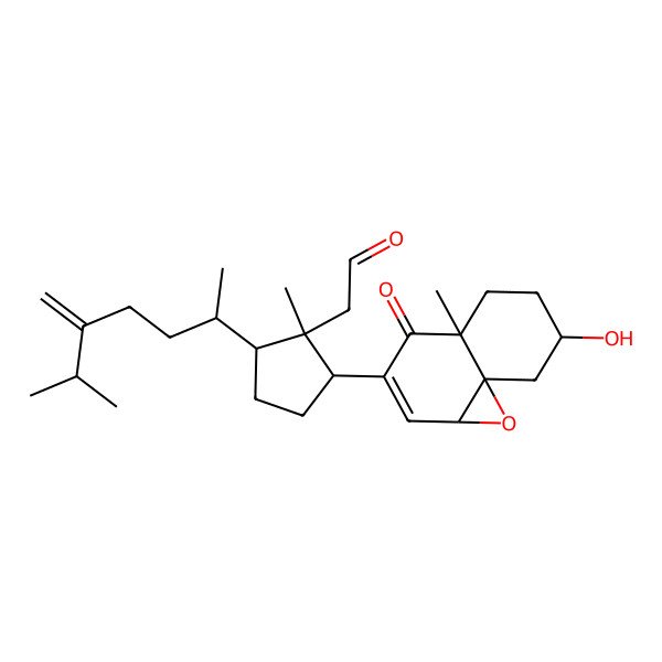 2D Structure of 2-[2-(7-hydroxy-4a-methyl-4-oxo-5,6,7,8-tetrahydro-1aH-naphtho[1,8a-b]oxiren-3-yl)-1-methyl-5-(6-methyl-5-methylideneheptan-2-yl)cyclopentyl]acetaldehyde