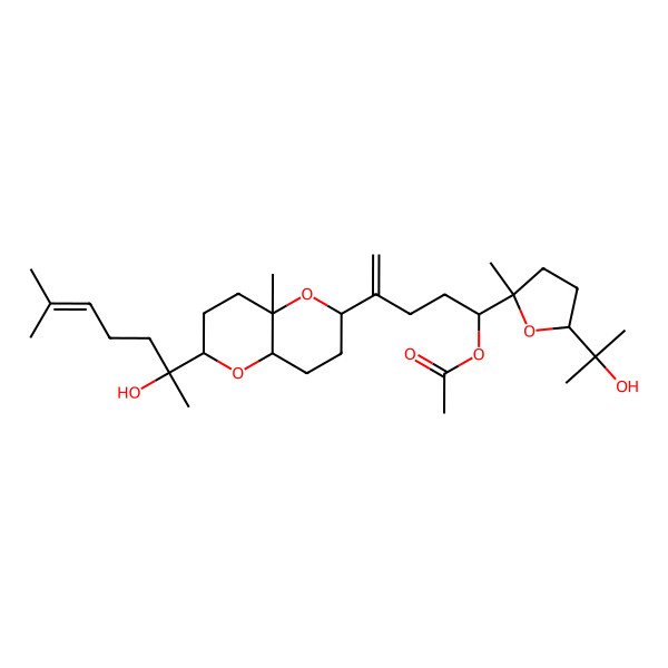 2D Structure of [(1R)-4-[(2R,4aS,6R,8aR)-2-[(2S)-2-hydroxy-6-methylhept-5-en-2-yl]-4a-methyl-3,4,6,7,8,8a-hexahydro-2H-pyrano[3,2-b]pyran-6-yl]-1-[(2S,5R)-5-(2-hydroxypropan-2-yl)-2-methyloxolan-2-yl]pent-4-enyl] acetate