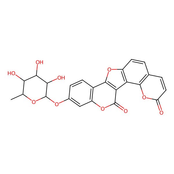 2D Structure of 17-[(2S,3R,4R,5R,6S)-3,4,5-trihydroxy-6-methyloxan-2-yl]oxy-4,12,20-trioxapentacyclo[11.8.0.02,11.03,8.014,19]henicosa-1(13),2(11),3(8),6,9,14(19),15,17-octaene-5,21-dione