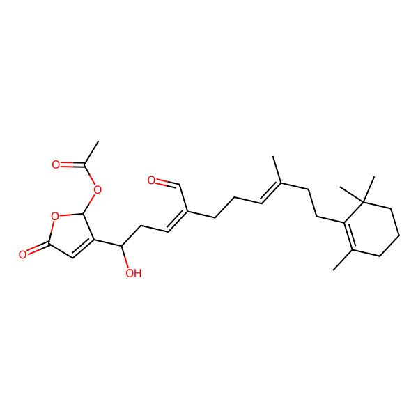2D Structure of [(2S)-3-[(1R,3E,7E)-4-formyl-1-hydroxy-8-methyl-10-(2,6,6-trimethylcyclohexen-1-yl)deca-3,7-dienyl]-5-oxo-2H-furan-2-yl] acetate