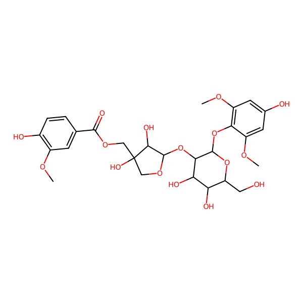 2D Structure of [5-[4,5-Dihydroxy-2-(4-hydroxy-2,6-dimethoxyphenoxy)-6-(hydroxymethyl)oxan-3-yl]oxy-3,4-dihydroxyoxolan-3-yl]methyl 4-hydroxy-3-methoxybenzoate