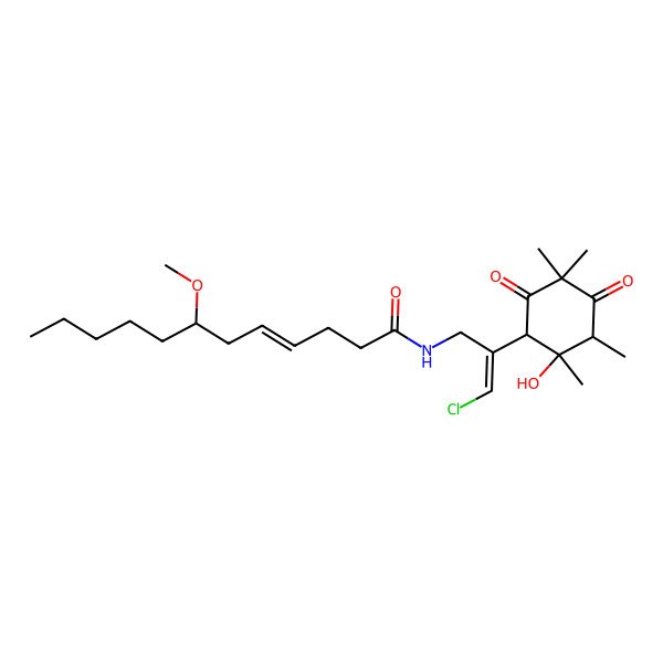 2D Structure of N-[3-chloro-2-(2-hydroxy-2,3,5,5-tetramethyl-4,6-dioxocyclohexyl)prop-2-enyl]-7-methoxydodec-4-enamide