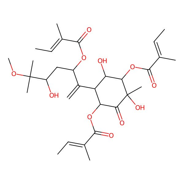 2D Structure of [3,5-Dihydroxy-6-[5-hydroxy-6-methoxy-6-methyl-3-(2-methylbut-2-enoyloxy)hept-1-en-2-yl]-3-methyl-4-(2-methylbut-2-enoyloxy)-2-oxocyclohexyl] 2-methylbut-2-enoate