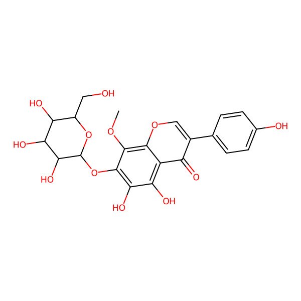2D Structure of 5,6-dihydroxy-3-(4-hydroxyphenyl)-8-methoxy-7-[(2S,3R,4S,5S,6R)-3,4,5-trihydroxy-6-(hydroxymethyl)oxan-2-yl]oxychromen-4-one