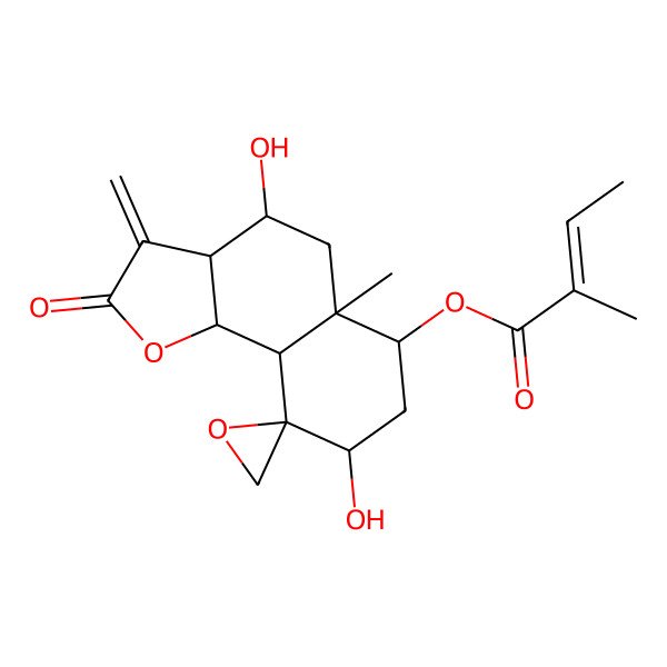2D Structure of (4,8-Dihydroxy-5a-methyl-3-methylidene-2-oxospiro[3a,4,5,6,7,8,9a,9b-octahydrobenzo[g][1]benzofuran-9,2'-oxirane]-6-yl) 2-methylbut-2-enoate
