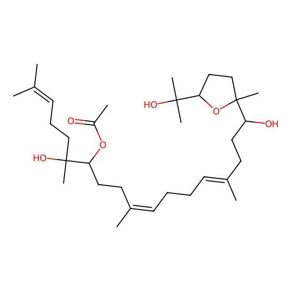 2D Structure of [(6R,7S,10E,14E,18R)-6,18-dihydroxy-18-[(2S,5R)-5-(2-hydroxypropan-2-yl)-2-methyloxolan-2-yl]-2,6,10,15-tetramethyloctadeca-2,10,14-trien-7-yl] acetate