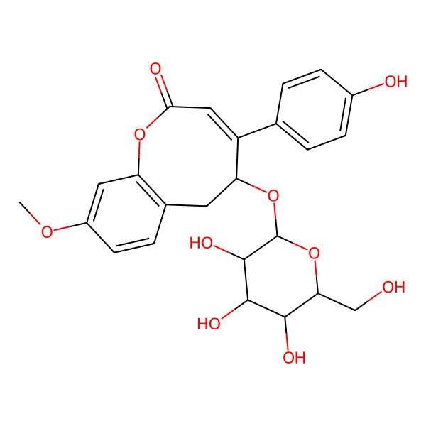2D Structure of 4-(4-Hydroxyphenyl)-9-methoxy-5-[3,4,5-trihydroxy-6-(hydroxymethyl)oxan-2-yl]oxy-5,6-dihydro-1-benzoxocin-2-one