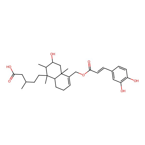 2D Structure of (3S)-5-[(1R,2S,3R,4aR,8aR)-5-[[(E)-3-(3,4-dihydroxyphenyl)prop-2-enoyl]oxymethyl]-3-hydroxy-1,2,4a-trimethyl-2,3,4,7,8,8a-hexahydronaphthalen-1-yl]-3-methylpentanoic acid
