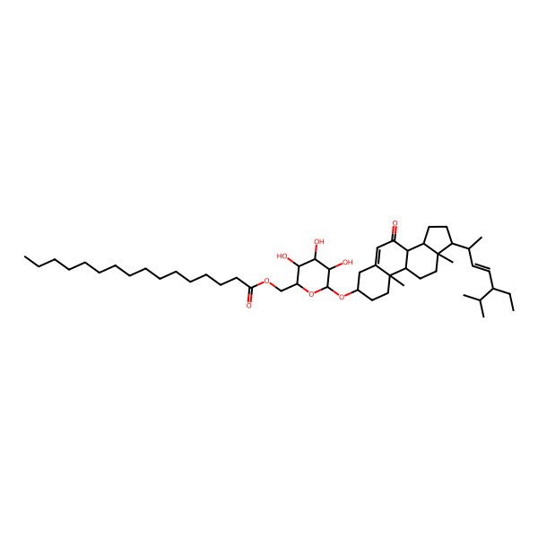 2D Structure of [(2R,3S,4S,5R,6R)-6-[[(3S,8S,9S,10R,13R,14S,17R)-17-[(E,2R,5S)-5-ethyl-6-methylhept-3-en-2-yl]-10,13-dimethyl-7-oxo-1,2,3,4,8,9,11,12,14,15,16,17-dodecahydrocyclopenta[a]phenanthren-3-yl]oxy]-3,4,5-trihydroxyoxan-2-yl]methyl hexadecanoate