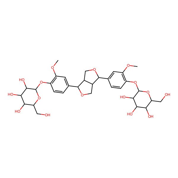 2D Structure of 2-(Hydroxymethyl)-6-[2-methoxy-4-[6-[3-methoxy-4-[3,4,5-trihydroxy-6-(hydroxymethyl)oxan-2-yl]oxyphenyl]-1,3,3a,4,6,6a-hexahydrofuro[3,4-c]furan-3-yl]phenoxy]oxane-3,4,5-triol