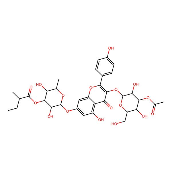 2D Structure of [2-[3-[4-Acetyloxy-3,5-dihydroxy-6-(hydroxymethyl)oxan-2-yl]oxy-5-hydroxy-2-(4-hydroxyphenyl)-4-oxochromen-7-yl]oxy-3,5-dihydroxy-6-methyloxan-4-yl] 2-methylbutanoate