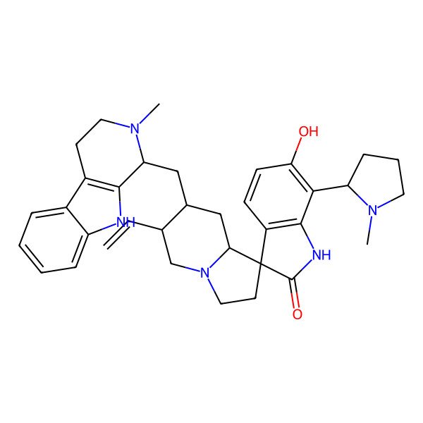 2D Structure of (3S,6'R,7'R,8'aS)-6'-ethenyl-6-hydroxy-7-[(2R)-1-methylpyrrolidin-2-yl]-7'-[[(1S)-2-methyl-1,3,4,9-tetrahydropyrido[3,4-b]indol-1-yl]methyl]spiro[1H-indole-3,1'-3,5,6,7,8,8a-hexahydro-2H-indolizine]-2-one