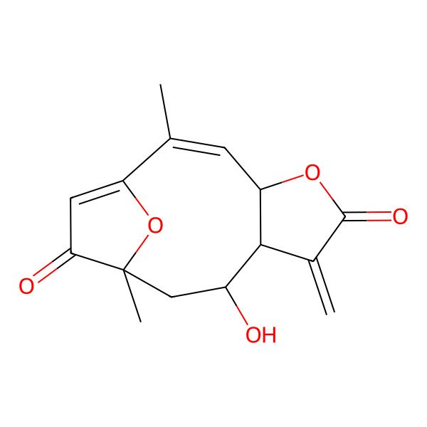 2D Structure of (2Z,4R,8R,9R,11R)-9-hydroxy-2,11-dimethyl-7-methylidene-5,14-dioxatricyclo[9.2.1.04,8]tetradeca-1(13),2-diene-6,12-dione