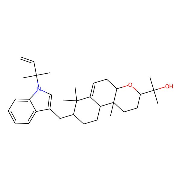 2D Structure of 2-[7,7,10b-trimethyl-8-[[1-(2-methylbut-3-en-2-yl)indol-3-yl]methyl]-2,3,4a,5,8,9,10,10a-octahydro-1H-benzo[f]chromen-3-yl]propan-2-ol