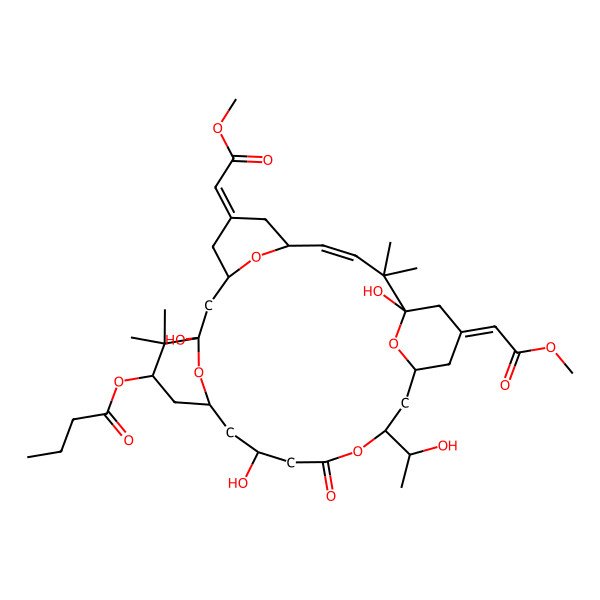 2D Structure of [(5Z,8E,11R,13E,15S,25S)-1,11,21-trihydroxy-17-[(1R)-1-hydroxyethyl]-5,13-bis(2-methoxy-2-oxoethylidene)-10,10,26,26-tetramethyl-19-oxo-18,27,28,29-tetraoxatetracyclo[21.3.1.13,7.111,15]nonacos-8-en-25-yl] butanoate