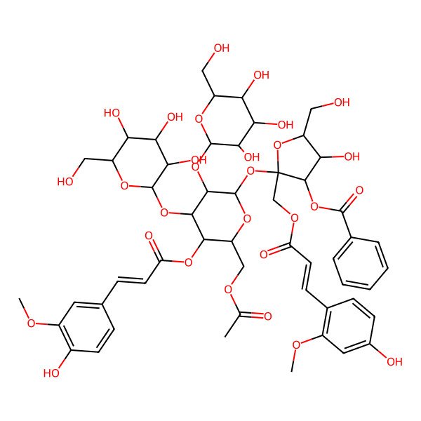 2D Structure of [(2S,3S,4R,5R)-2-[(2R,3R,4S,5R,6R)-6-(acetyloxymethyl)-5-[(E)-3-(4-hydroxy-3-methoxyphenyl)prop-2-enoyl]oxy-3,4-bis[[(2S,3R,4S,5S,6R)-3,4,5-trihydroxy-6-(hydroxymethyl)oxan-2-yl]oxy]oxan-2-yl]oxy-4-hydroxy-2-[[(E)-3-(4-hydroxy-2-methoxyphenyl)prop-2-enoyl]oxymethyl]-5-(hydroxymethyl)oxolan-3-yl] benzoate