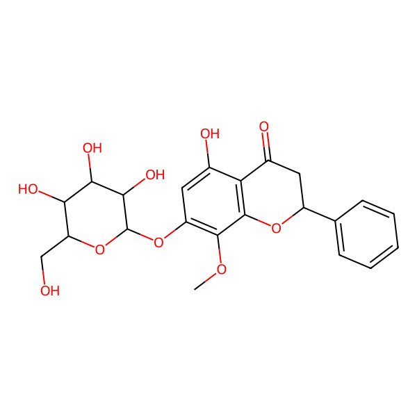 2D Structure of (2S)-5-hydroxy-8-methoxy-2-phenyl-7-[(2S,3R,4S,5S,6R)-3,4,5-trihydroxy-6-(hydroxymethyl)oxan-2-yl]oxy-2,3-dihydrochromen-4-one