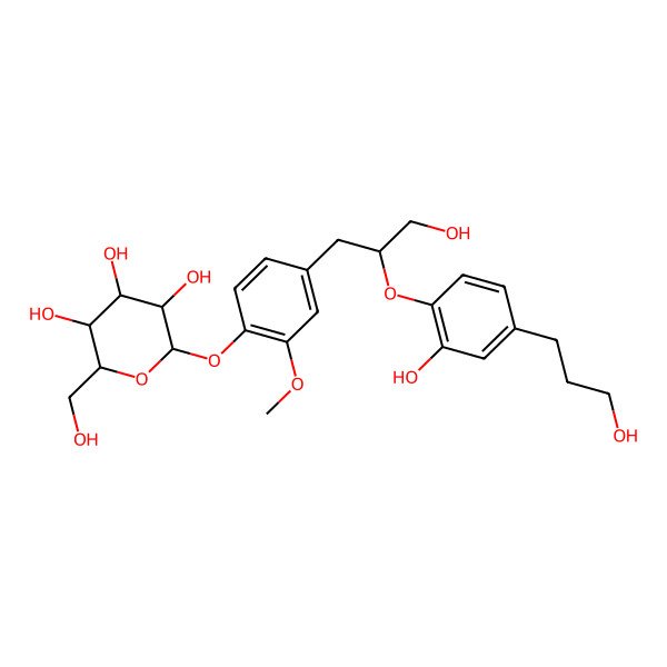 2D Structure of (2S,3R,4S,5S,6R)-2-[4-[(2R)-3-hydroxy-2-[2-hydroxy-4-(3-hydroxypropyl)phenoxy]propyl]-2-methoxyphenoxy]-6-(hydroxymethyl)oxane-3,4,5-triol