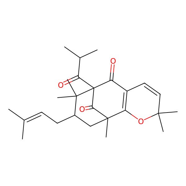 2D Structure of (1S,9S,11R)-1,4,4,10,10-pentamethyl-11-(3-methylbut-2-enyl)-9-(2-methylpropanoyl)-3-oxatricyclo[7.3.1.02,7]trideca-2(7),5-diene-8,13-dione