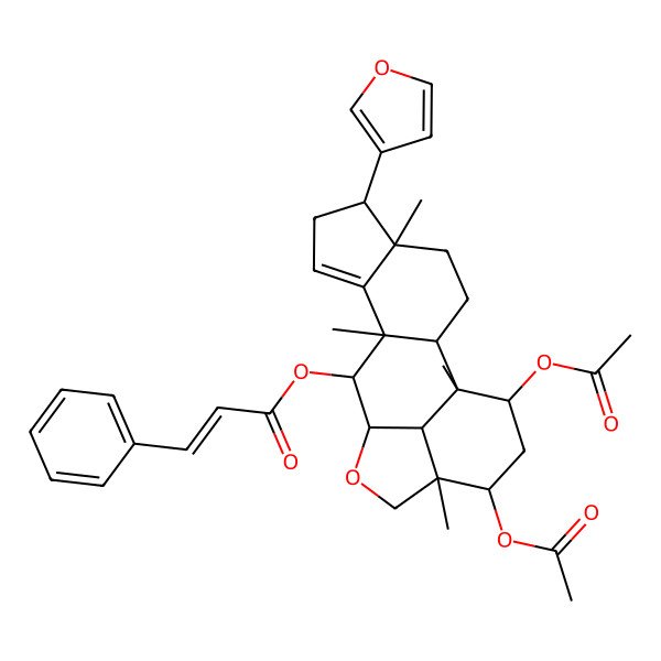 2D Structure of [(1R,5S,6R,10R,11S,12R,15R,16R,18S)-16,18-diacetyloxy-6-(furan-3-yl)-1,5,10,15-tetramethyl-13-oxapentacyclo[10.6.1.02,10.05,9.015,19]nonadec-8-en-11-yl] (E)-3-phenylprop-2-enoate