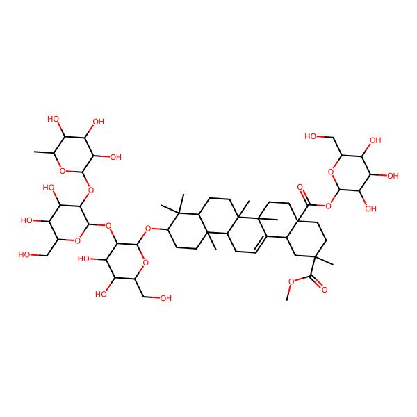2D Structure of 2-O-methyl 4a-O-[(2S,3S,4R,5R,6S)-3,4,5-trihydroxy-6-(hydroxymethyl)oxan-2-yl] (2S,4aR,6aR,6aS,6bR,8aR,10S,12aS,14bR)-10-[(2S,3R,4S,5S,6R)-3-[(2R,3S,4S,5R,6R)-4,5-dihydroxy-6-(hydroxymethyl)-3-[(2R,3R,4S,5R,6R)-3,4,5-trihydroxy-6-methyloxan-2-yl]oxyoxan-2-yl]oxy-4,5-dihydroxy-6-(hydroxymethyl)oxan-2-yl]oxy-2,6a,6b,9,9,12a-hexamethyl-1,3,4,5,6,6a,7,8,8a,10,11,12,13,14b-tetradecahydropicene-2,4a-dicarboxylate