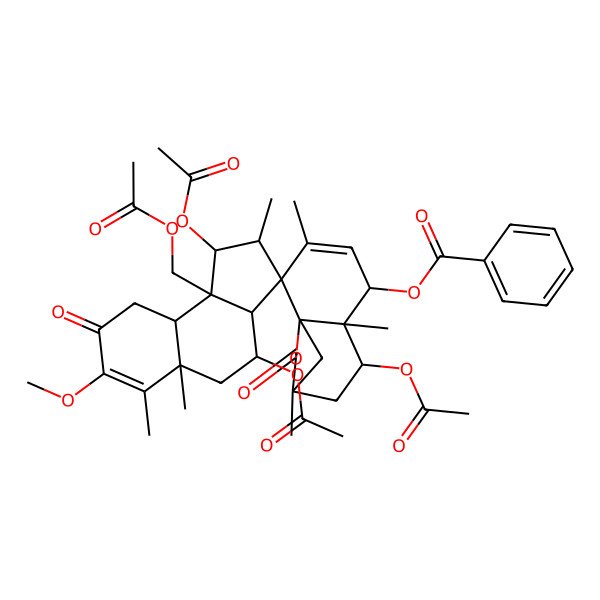 2D Structure of [1',4',7-triacetyloxy-9'b-(acetyloxymethyl)-7'-methoxy-2',3,5'a,6,6',9-hexamethyl-8',10-dioxospiro[11-oxatricyclo[7.2.1.01,6]dodec-3-ene-2,3'-2,3a,4,5,9,9a-hexahydro-1H-cyclopenta[a]naphthalene]-5-yl] benzoate