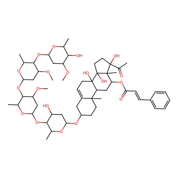 2D Structure of [(3S,8S,9R,10R,12R,13S,14R,17S)-17-acetyl-8,14,17-trihydroxy-3-[(2R,4S,5S,6R)-4-hydroxy-5-[(2S,4R,5R,6R)-5-[(2S,4R,5R,6R)-5-[(2S,4S,5R,6R)-5-hydroxy-4-methoxy-6-methyloxan-2-yl]oxy-4-methoxy-6-methyloxan-2-yl]oxy-4-methoxy-6-methyloxan-2-yl]oxy-6-methyloxan-2-yl]oxy-10,13-dimethyl-1,2,3,4,7,9,11,12,15,16-decahydrocyclopenta[a]phenanthren-12-yl] (E)-3-phenylprop-2-enoate