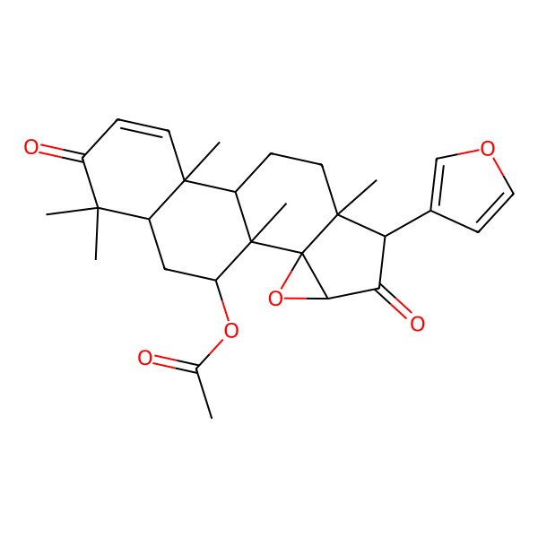 2D Structure of [6-(Furan-3-yl)-1,7,11,15,15-pentamethyl-5,14-dioxo-3-oxapentacyclo[8.8.0.02,4.02,7.011,16]octadec-12-en-18-yl] acetate